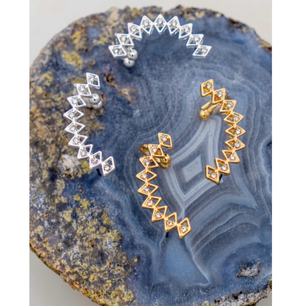 Gold Geo Shape Rhinestone Ear Cuff Earrings - Picture 2 of 3